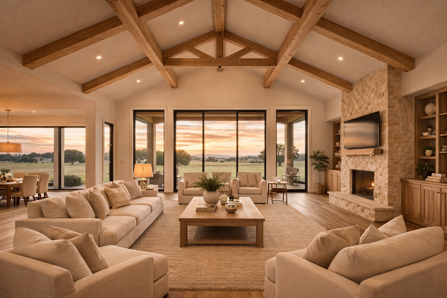 Open concept luxury living room with exposed wood beams and large windows overlooking Texas land, cream neutral tones.